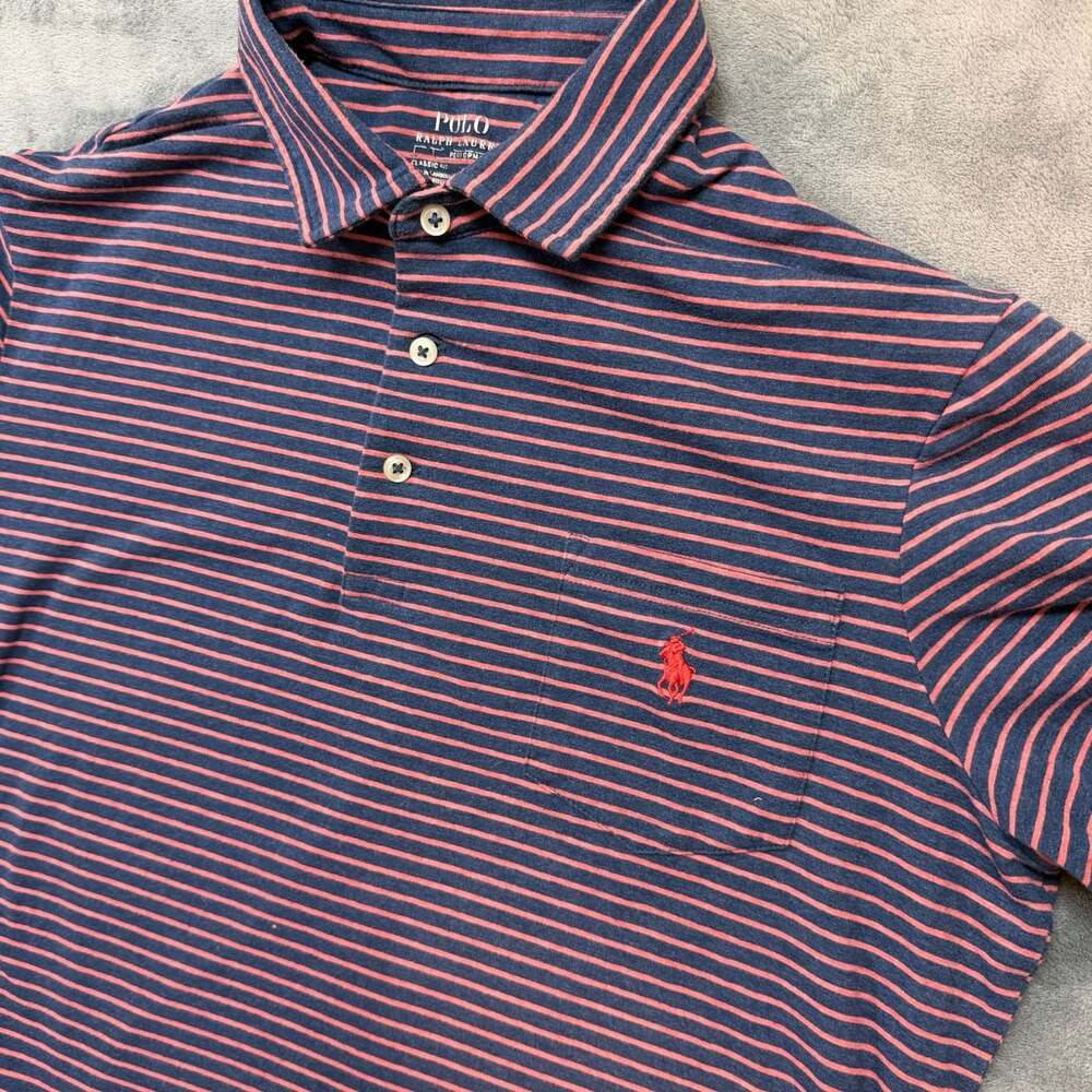 Polo Ralph Lauren Performance Polo Shirt Navy Pink Striped Pocket men’s medium